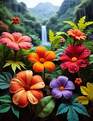 The primary subject of the image is a group of colorful flowers, including orange, yellow, purple, and red, arranged in a visually appealing manner. The flowers are set against a backdrop of a lush green forest, creating a serene and natural atmosphere. The visual style of the image is a combination of digital art and illustration, with the flowers and the forest depicted in vibrant colors and intricate details. The overall mood of the image is cheerful and uplifting, with the flowers serving